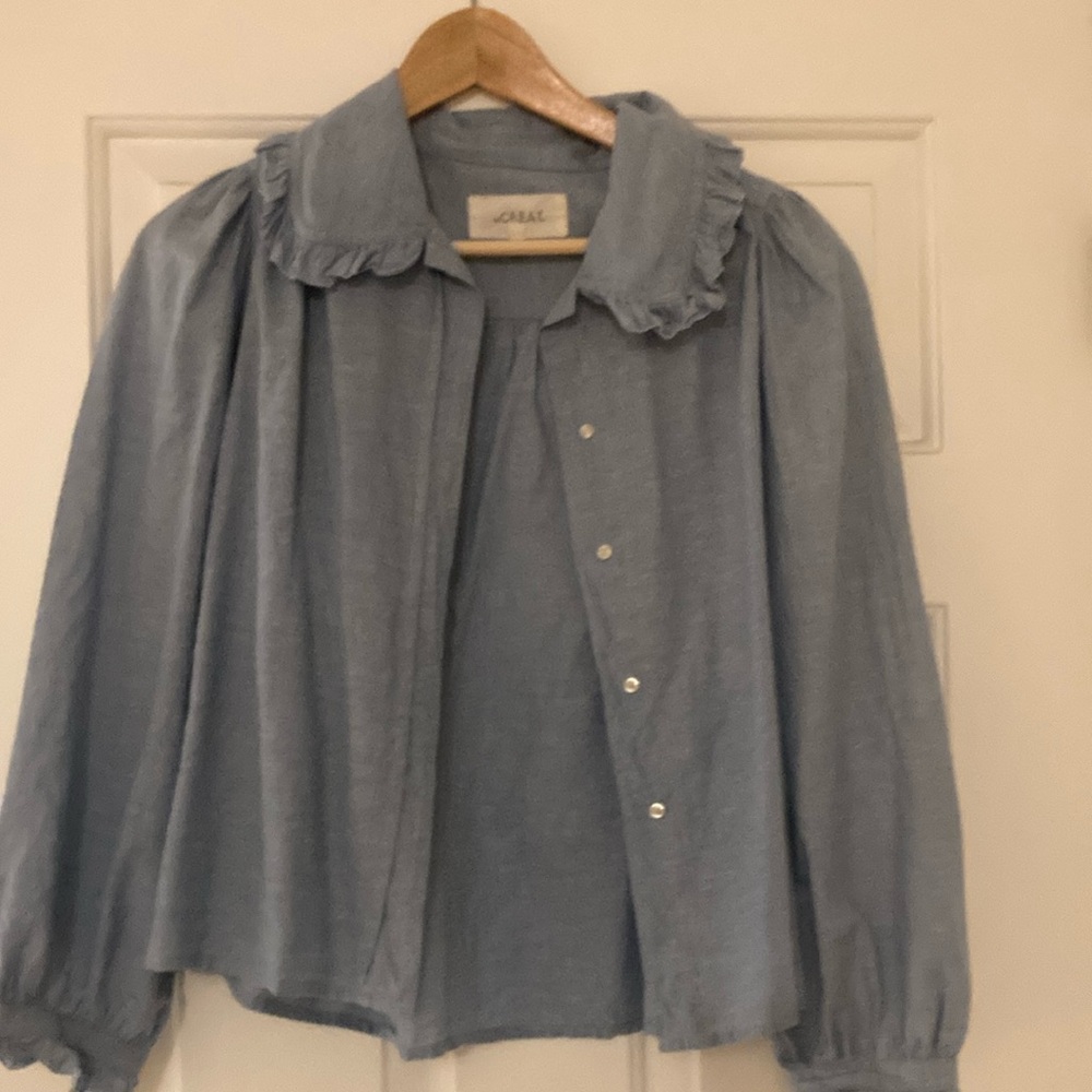 Blue Ruffled Button-Up Blouse